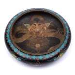 A Chinese cloisonné dish: the centre and sides decorated with dragons chasing fiery pearls to a