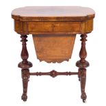 A Victorian walnut and inlaid games and work table:, crossbanded in tulipwood,