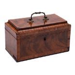 A George III mahogany and kingwood crossbanded tea caddy: of rectangular outline with shallow domed