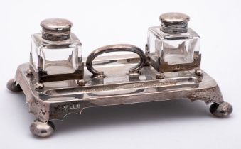 A Victorian silver inkwell desk stand, maker Martin, Hall & Co, Sheffield,
