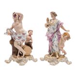 A pair of German porcelain figures allegorical of the Seasons: after Meissen originals,