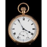 A 9 carat gold openface pocket watch,: the white enamel dial with black Roman numerals,