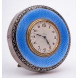 A George V silver and blue enamel easel boudoir timepiece, maker Henry Matthews, Birmingham,