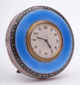 A George V silver and blue enamel easel boudoir timepiece, maker Henry Matthews, Birmingham,
