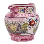 A large Sunderland pink lustre creamware jug: transfer printed and enamelled with the 'Sailor's