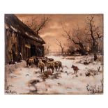 A Rozenburg porcelain rectangular plaque painted by Meulen: depicting a snow covered Winter