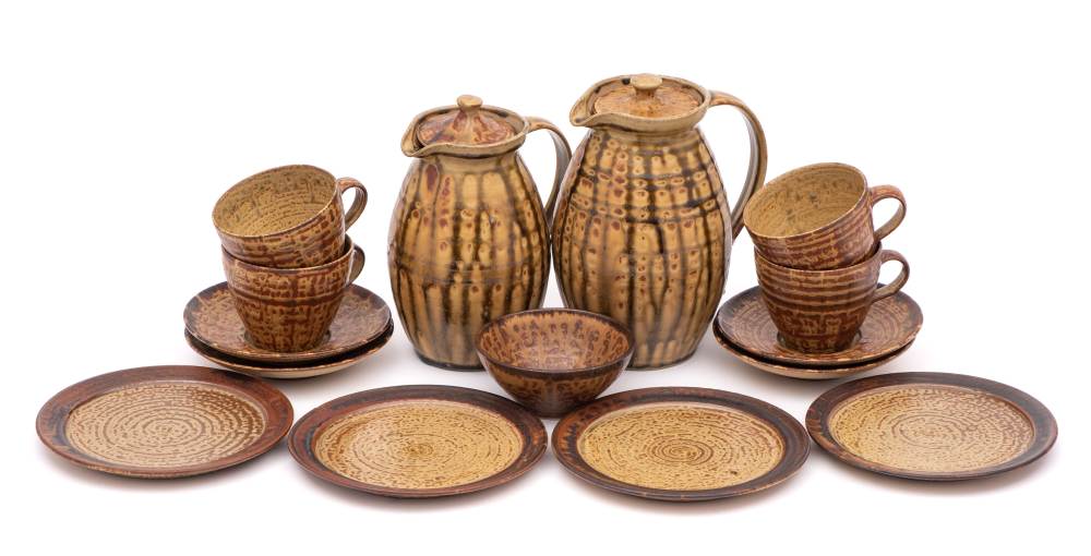 *Michael Leach [1913-1985] a stoneware part service: comprising four cups, four saucers,