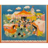 * Peggy Wickham [1909-1978]- Funfair; Village scene,:- colour prints, two, each 46 x 58cm.