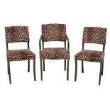 A set of six green painted wood and faux leopardskin upholstered side chairs,