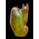 Claude L'Hoste for Daum 'Chat Perche': a green and amethyst veined pâte de verre sculpture of cat,