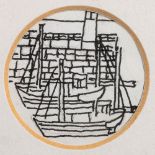 * Bryan Pearce [1929-2006] - Trawlers by a harbour wall,:- pen and ink drawing, tondo, 5cm.