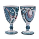 Alan Caiger-Smith [1930-2020] a pair of pottery goblets: decorated with calligraphic designs in