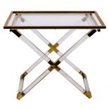 A lucite and brass mounted dumb waiter table in the manner of Charles Hollis Jones (1945-): the