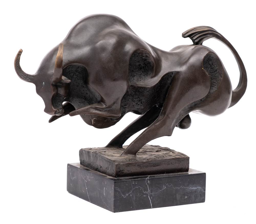 * Miguel Fernandez Lopez 'Milo' (1955) bronze study of a charging bull: signed to the bronze base