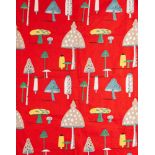 Jessie Tait for Rosebank, a sample of 1950s Toadstool red colourway fabric, 77 x 118cm:,