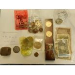 A collection of British and world coins including an 1890 double Florin and four banknotes.