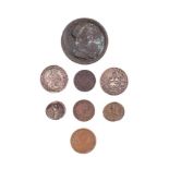 A small group of world coins including an 1821 St Helena halfpenny: