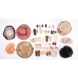 A group of seven early 20th century dolls hats together with seven pairs of dolls shoes and a