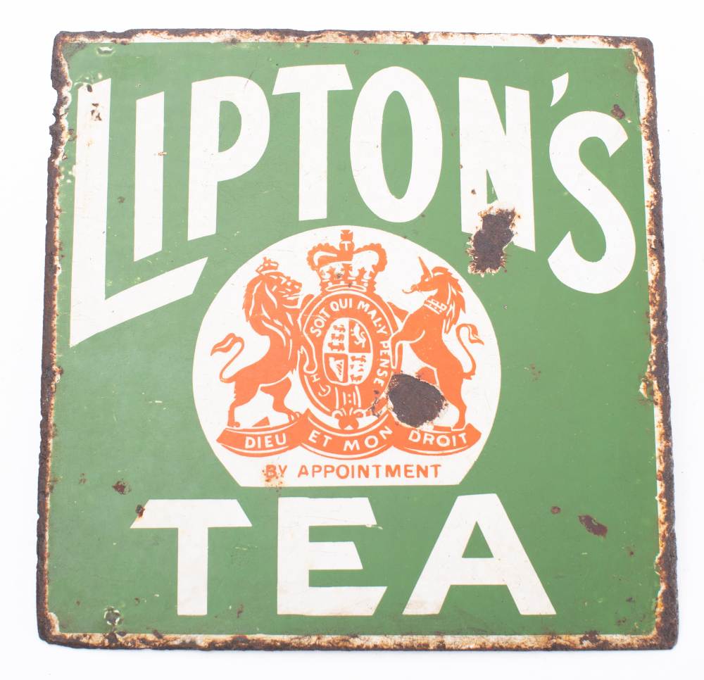 A Lipton's Tea double sided enamel sign: green red and white with Royal Warrant to centre, - Image 2 of 2