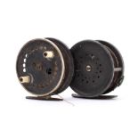 A Hardy Alnwick patent 3 1/2 inch alloy drum fly reel: stamped as per title with celluloid handle,