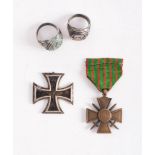 A WWI Iron cross: together with a WWI Croix de Guerre and two later German Tote rings.