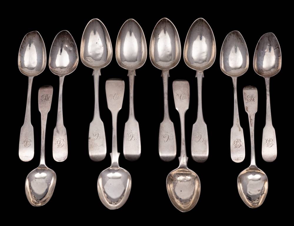 A set of six Victorian provincial silver Fiddle pattern teaspoons, maker John Stone, Exeter,