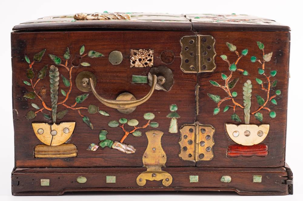 A Chinese inlaid hardwood travelling dressing box: the fitted interior with hinged mirror, - Image 3 of 3