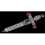 A French silver and gem set sword brooch,: centrally set with a cushion cut green tourmaline,