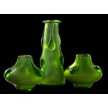 Three Loetz Crete green Vesuvian genre vases: comprising a pair of squat vases and a tapering and