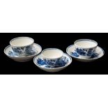 A group of three First Period Worcester blue and white toy tea bowls and saucers: transfer printed