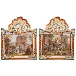 Set of four French 'faience' wall plaques: in acanthus and scroll moulded frames with faux
