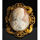 A shell cameo brooch,: the oval shell cameo carved with the profile of a lady,