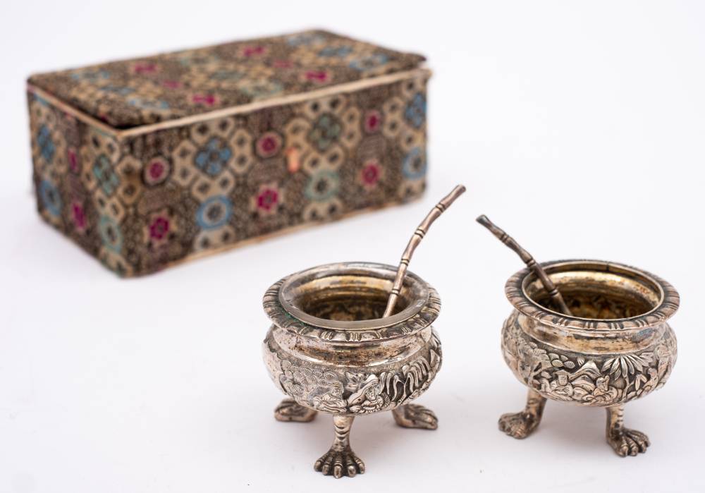 A pair of Chinese silver circular salts maker Wang Hing & Co,