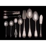 A mixed group of silver flatwares, various makers and dates: includes christening set, butter knife,