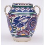 A Poole Pottery two-handled globular vase: decorated in the 'Blue-bird' pattern [HE] designed by