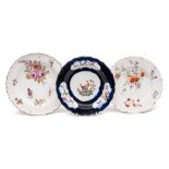 A group of three Chelsea plates and a Worcester octagonal dish: comprising two plates painted with