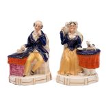 A pair of mid 19th Century Staffordshire porcelain seated figures: of 'Old Maid' and 'Old Bachelor',