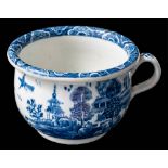 A Bow blue and white chamber pot: of small size, with turn-over rim and grooved loop handle,