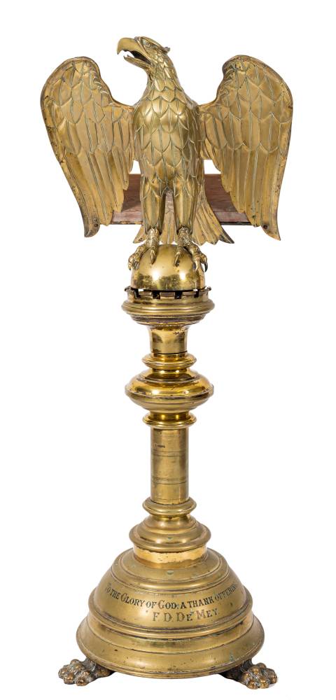 A Victorian brass spreadeagle lectern, last quarter 19th century,: the column with turned,