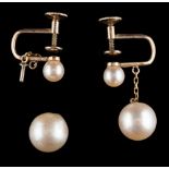 A pair of pearl earrings,: the 8.9mm pearls suspended from a chain, to 4.