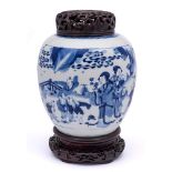 A Chinese blue and white 'Sixteen Sons' jar: painted with two panels divided by pendant floral