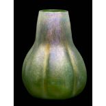A Loetz 'Goldiris' glass vase: the lustrous green body of lobed gourd-shaped form, circa 1910, 19.
