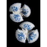 A rare pair of small Bow blue and white triple-shell sweetmeat dishes: each in the form of three