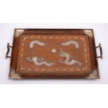 A Chinese hardwood and silver mounted twin handled serving tray: of rectangular outline decorated