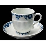 A First Period Worcester blue and white trembleuse coffee cup and saucer: of semi-reeded form in