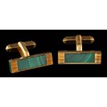 A pair of 18 carat gold malachite cufflinks,: the rectangular panels set with malachite,