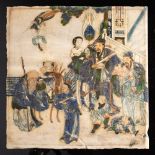 A pair of Chinese painted soapstone panels: depicting presentation scenes on pavilion terraces