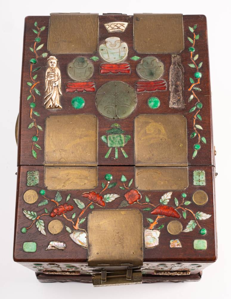 A Chinese inlaid hardwood travelling dressing box: the fitted interior with hinged mirror, - Image 2 of 3