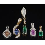 Five gem set pendants,: to include a pink sapphire and diamond pendant,