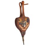 A large set of bellows: of shield-shaped outline with polychrome armorial decoration,